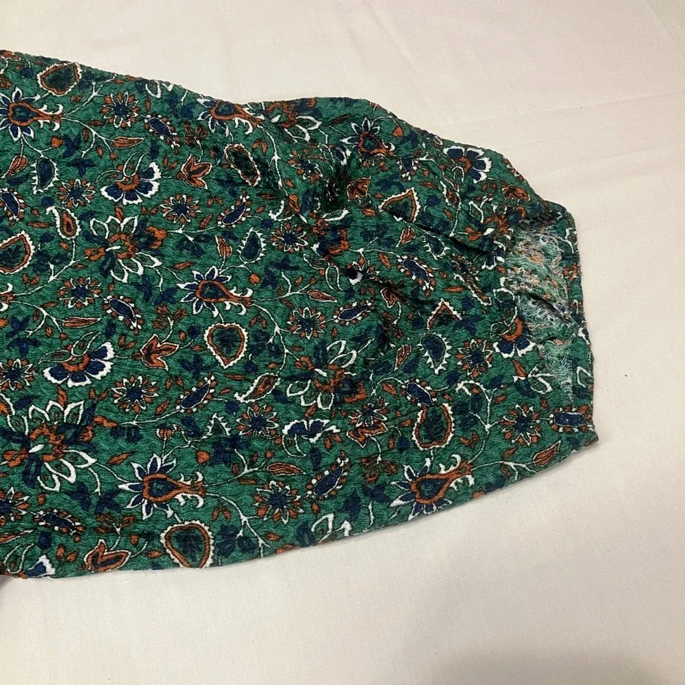 LOFT Women XL Green Floral Paisley Puff Sleeve Boat Neck Blouse Texture Top NWOT